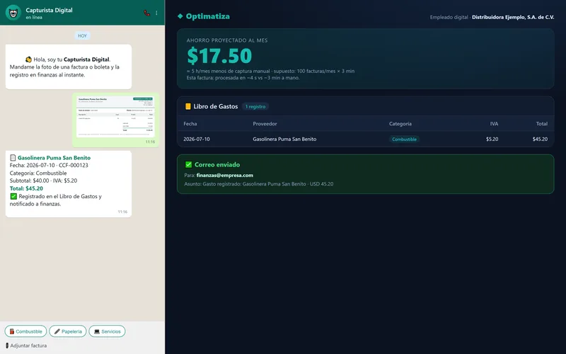 Capturista Digital screenshot: on the left, the chat receiving the receipt and extracted summary; on the right, the expense ledger with the record and a notice of the email sent to finance.