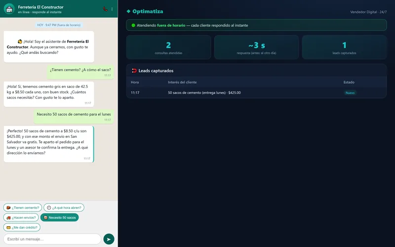Vendedor Digital screenshot: a customer orders fifty bags of cement on WhatsApp after hours, and the agent confirms the order; the panel on the right shows it recorded as new.