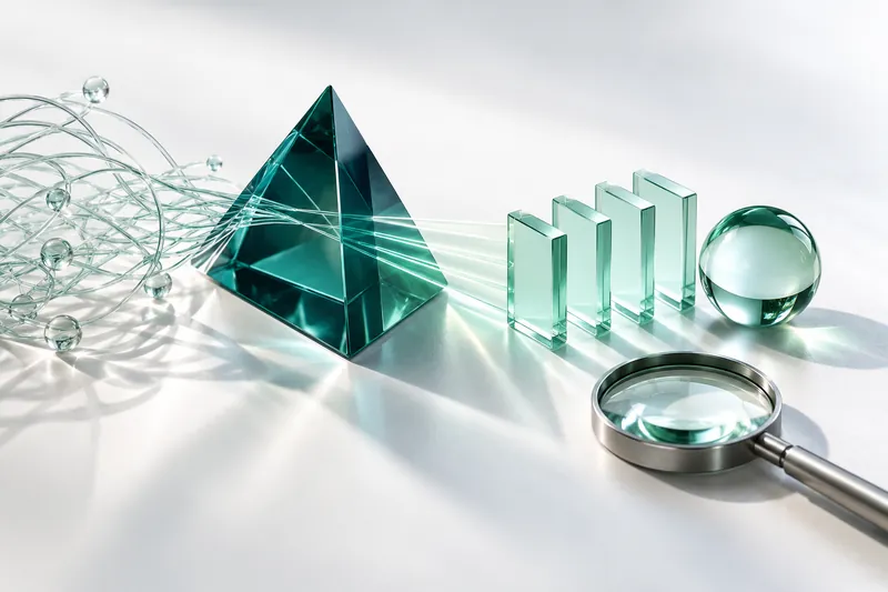 Illustration: tangled glass threads enter a turquoise prism and emerge as orderly glass bars beside a magnifying glass, representing disorganized data becoming clear information.