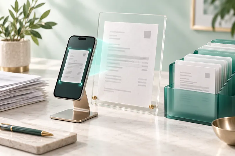 Illustration: a phone on a stand scans an invoice in an acrylic frame beside a turquoise invoice filing cabinet.
