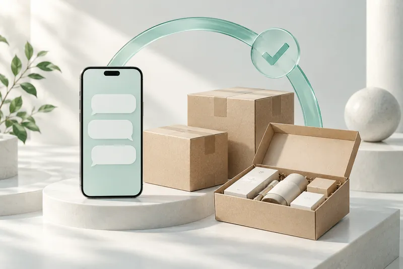 Illustration: a phone with chat bubbles connected to order boxes by a turquoise arc with a checkmark.