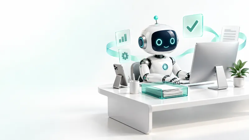 Illustration: a white and turquoise robot works at a desk with a computer, surrounded by chart, gear, checkmark, and document icons.